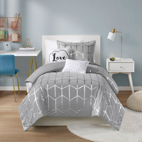 JLA Home Intelligent Design - Metallic Geometric Printed Duvet Cover Set with Ultra-Soft Microfiber, Antimicrobial Freshness & Pillows Grey/Silver ID12-1393