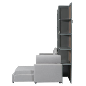 English Elm Queen Wall Bed with Linen Sofa and Open Shelving for Studio or Guest Room LP000592AAE-2