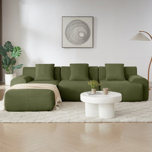 English Elm 113" Modular L-shaped Sectional Sofa Corduroy Upholstered with Movable Ottoman Green W1359S00058