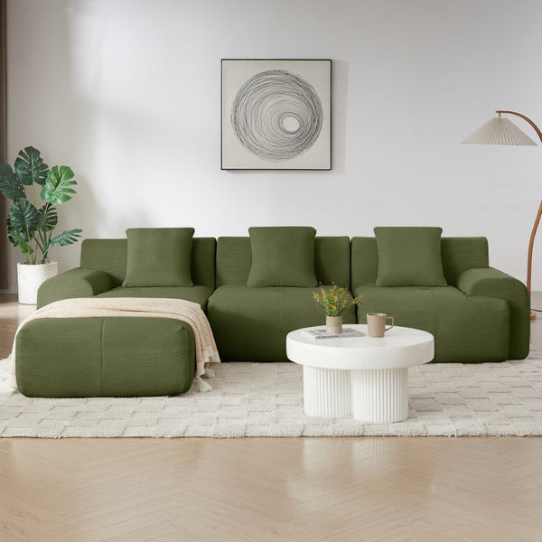English Elm 113" Modular L-shaped Sectional Sofa Corduroy Upholstered with Movable Ottoman Green W1359S00058