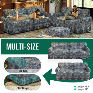English Elm Luxuriously Deep Chenille Sofa with Pleated Skirt and Rolled Arms for Living Rooms Blue Floral W1885S00295