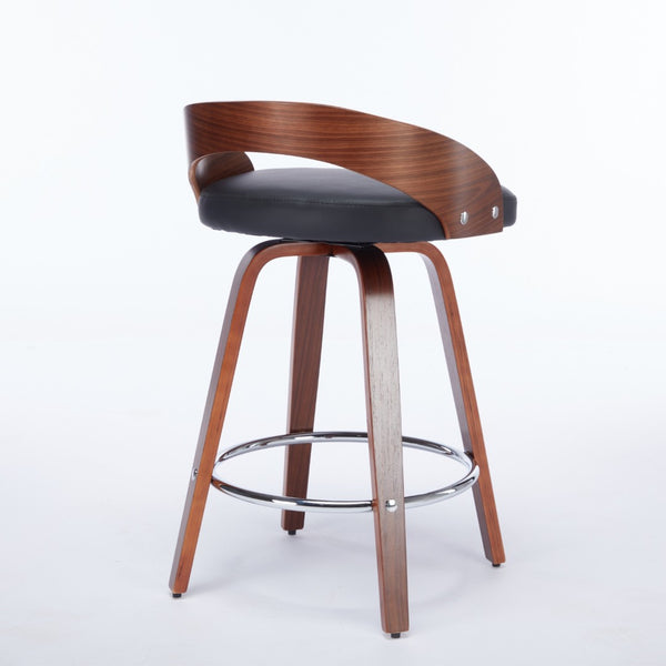 English Elm Bar Stools Set of 2 Mid-century Swivel Walnut Wood Frame with Cushioned Seat Black Pu W1143P173431