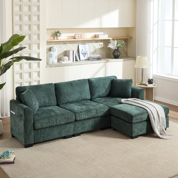 English Elm Modern Chenille L-shaped Sectional with Usb Charging Ottoman Storage Living Room Couch Green W2120S00017