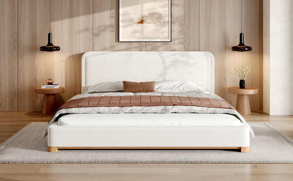 English Elm Christopher Knight Home® - King Size Bed Frame – Elegant Boucle Upholstered Headboard, Solid Wood Base, Easy Assembly, White Finish N757K327027W