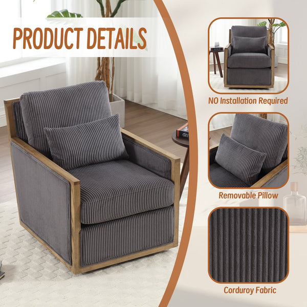 English Elm Corduroy Swivel Barrel Chair with Plush Foam Cushion, 360° Metal Base, Durable Hardwood Frame, Cozy Sitting Experience Dark Gray W395P209395