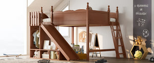 English Elm Queen Solid Pine Loft Bed with Wardrobe Shelves Detachable Slide and Dual Sleeping Zones Antique Natural W5305S00030