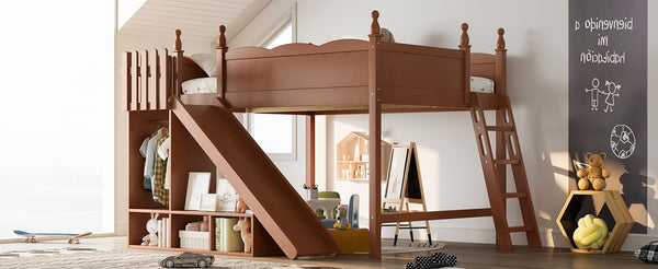 English Elm Queen Solid Pine Loft Bed with Wardrobe Shelves Detachable Slide and Dual Sleeping Zones Antique Natural W5305S00030