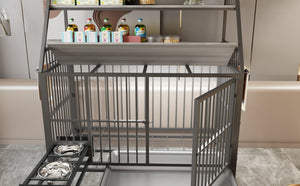English Elm Large Pet Cage with Iron Frame Mdf Panels Storage Rack and Steel Feeding Basins Black,Gray+Charcoal W3064P245387