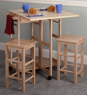 Winsome Wood Suzanne 3-piece Space Saver Set With Wheels – Expandable Drop Leaf Table & Stowaway Stools In Natural Natural Solid ,Composite Wood 89330-winsome-wood