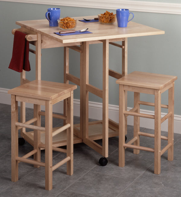 Winsome Wood Suzanne 3-piece Space Saver Set With Wheels – Expandable Drop Leaf Table & Stowaway Stools In Natural Natural Solid ,Composite Wood 89330-winsome-wood