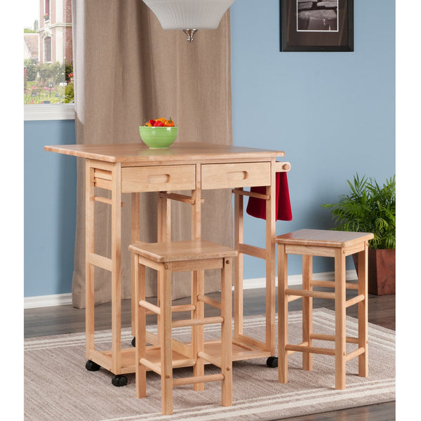 Winsome Wood Suzanne 3-piece Space Saver Set With Wheels – Expandable Drop Leaf Table & Stowaway Stools In Natural Natural Solid ,Composite Wood 89330-winsome-wood