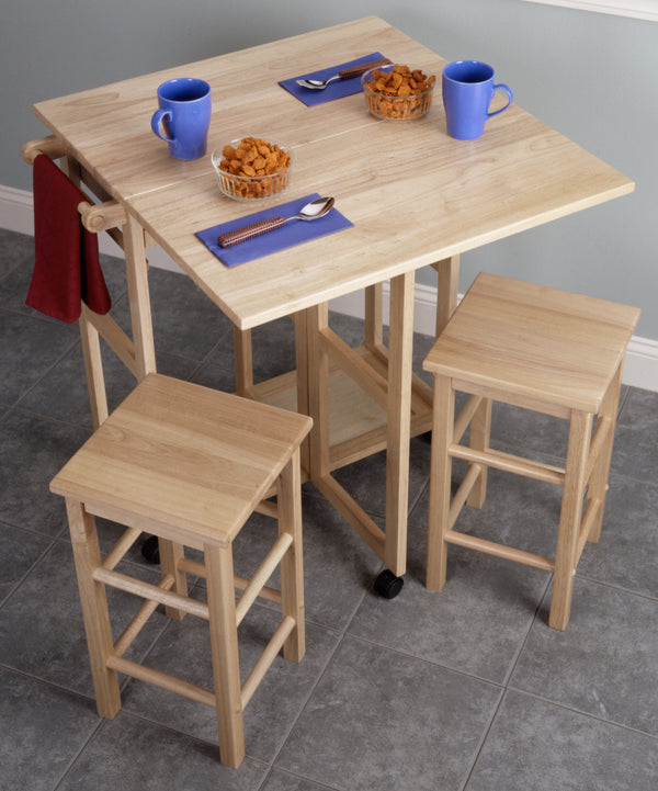 Winsome Wood Suzanne 3-piece Space Saver Set With Wheels – Expandable Drop Leaf Table & Stowaway Stools In Natural Natural Solid ,Composite Wood 89330-winsome-wood