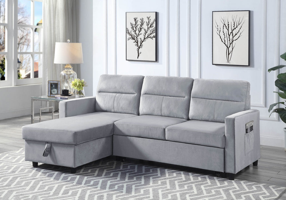 English Elm Ruby Velvet Sleeper Sectional with Reversible Chaise Storage and Built-in Side Pocket B061S00283