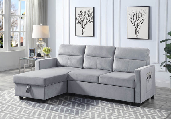 English Elm Ruby Velvet Sleeper Sectional with Reversible Chaise Storage and Built-in Side Pocket B061S00283