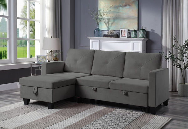 English Elm Nova Velvet Sleeper Sectional with Reversible Chaise and Hidden Storage for Living Rooms Dark Gray B061S00485