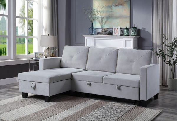 English Elm Nova Velvet Sleeper Sectional with Reversible Chaise and Hidden Storage for Living Rooms Light Gray B061S00486