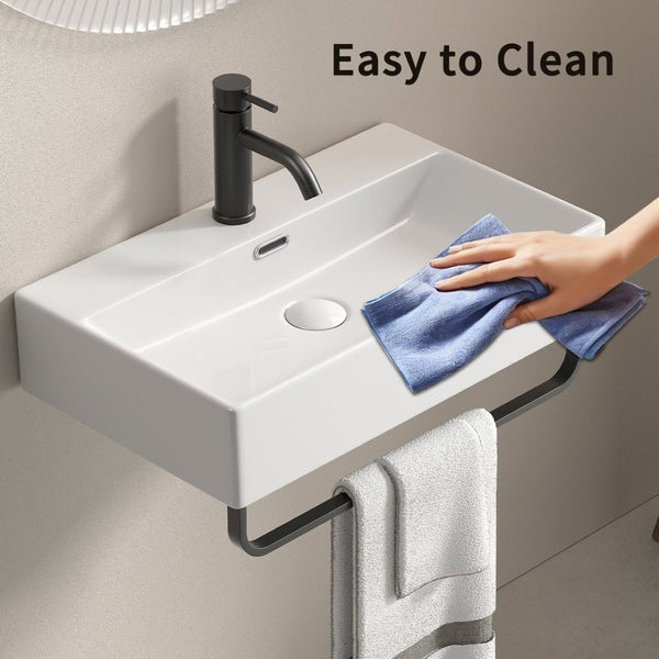 English Elm White Ceramic Wall Mount Bathroom Sink with Integrated Towel Bar for Modern Baths W3402P362446