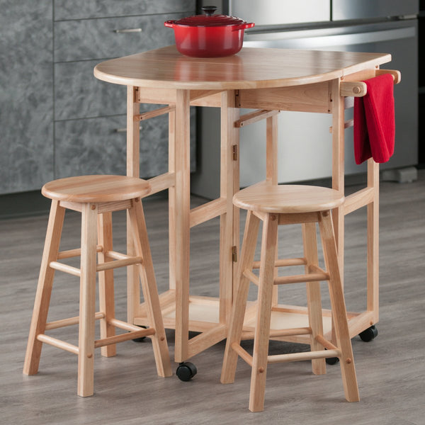 Winsome Wood Burnett 3-piece Space Saver Set - Mobile Drop Leaf Table With Hidden Stools For Compact Living Spaces Natural Solid ,Composite Wood 89332-winsome-wood