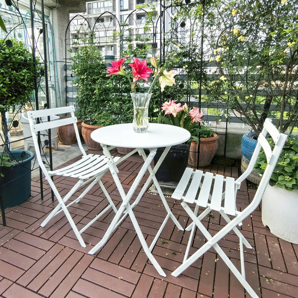 English Elm 3 Piece Outdoor Bistro Set Foldable Steel Cafe Table Chairs Powder Coated Patio White W1586P143153