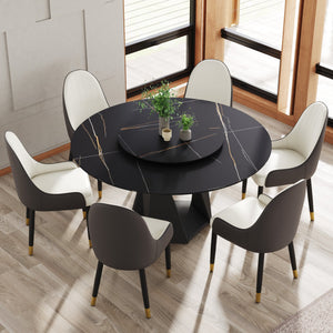 English Elm 59.05" Round Marble Dining Table With Black Iron Base, Elegant Turntable, Seats 6-8, Durable Design W1535S00404
