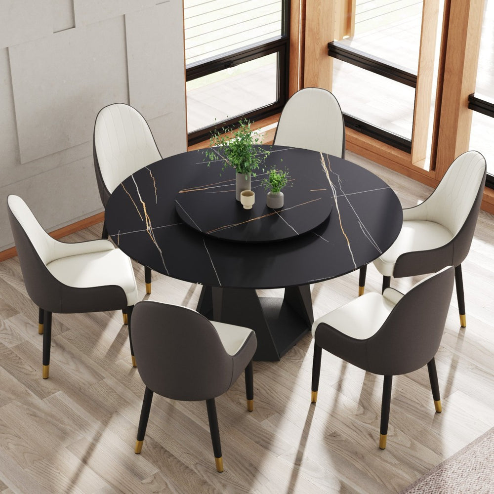 English Elm 59.05" Round Sintered Stone Dining Table Iron Pedestal Base Seats Eight with Turntable W1535S00641
