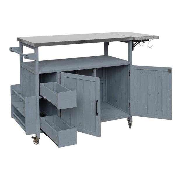 English Elm 54.33" Farmhouse Outdoor Kitchen Cart Solid Fir Frame Steel Top Storage Bbq Prep N767P379702C