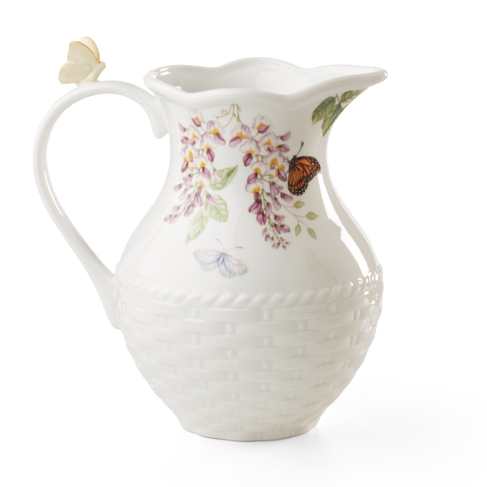 Lenox Butterfly Meadow Porcelain Pitcher with Basketweave Base and Botanical Floral Motif 893452