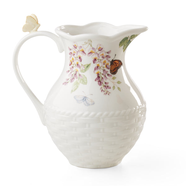 Lenox Butterfly Meadow Porcelain Pitcher with Basketweave Base and Botanical Floral Motif 893452