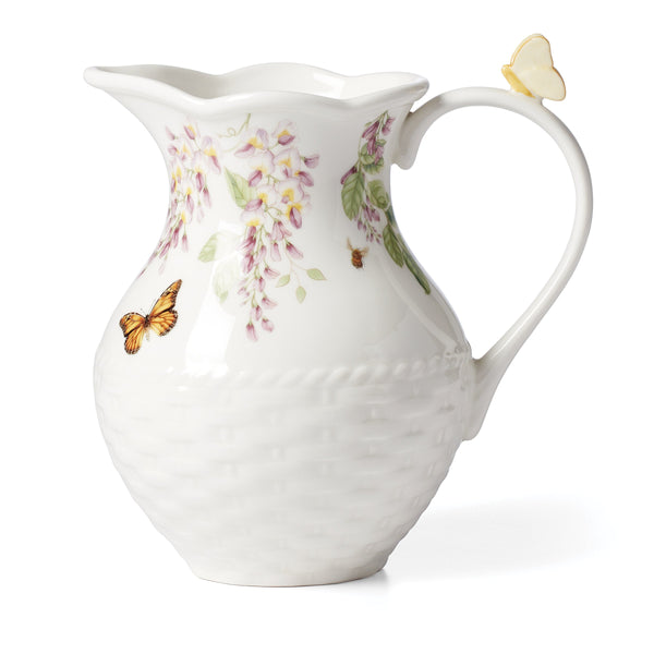 Lenox Butterfly Meadow Porcelain Pitcher with Basketweave Base and Botanical Floral Motif 893452