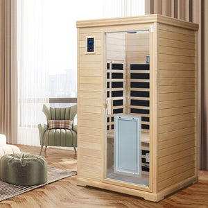 English Elm Hemlock Wood Two Person Far Infrared Indoor Sauna with Bluetooth and Led Lighting W632S00003