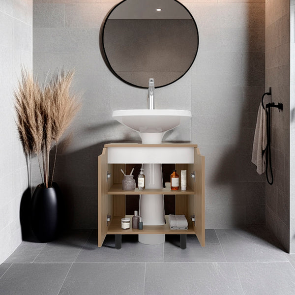 English Elm Under Sink Storage Cabinet with 2 Doors and Shelves — Sleek Oak & Black Wengue Finish for Bathrooms Natural 27.56 L x 25.59 W x 5.12 H B097P395899