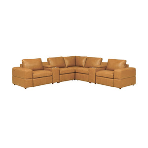 English Elm Premium Leather Match Sectional with Dual Recliners Cup Holders and Storage Console Ginger B2748S00153