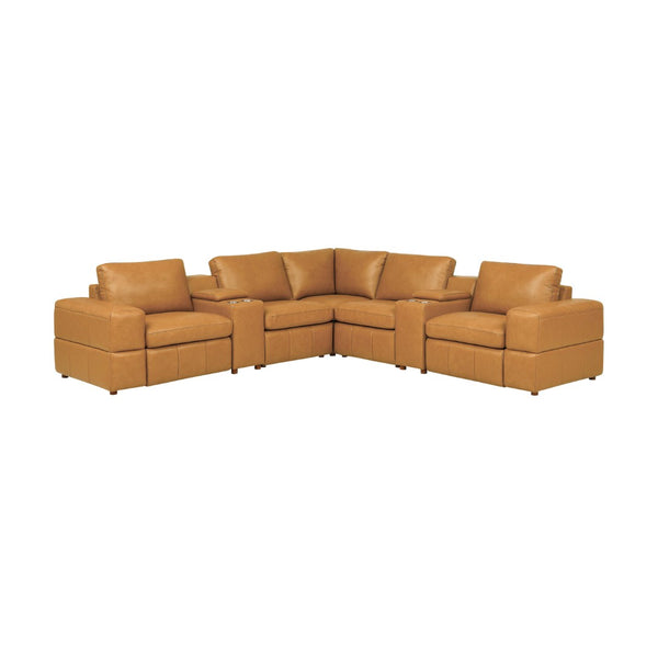 English Elm Premium Leather Match Sectional with Dual Recliners Cup Holders and Storage Console Ginger B2748S00153