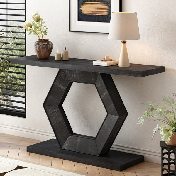 English Elm U_Style Modern Entryway Table With Hollow Hexagon Legs, Premium Fir Finish For Chic Home Decor N711P241272B-GIGA