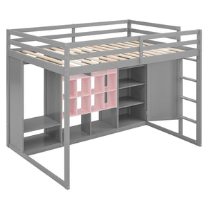 English Elm Twin Loft Bed with Wardrobe Shelves and Cabinet Kids Bedroom Wood Storage Frame Pink+Grey N708S00024E