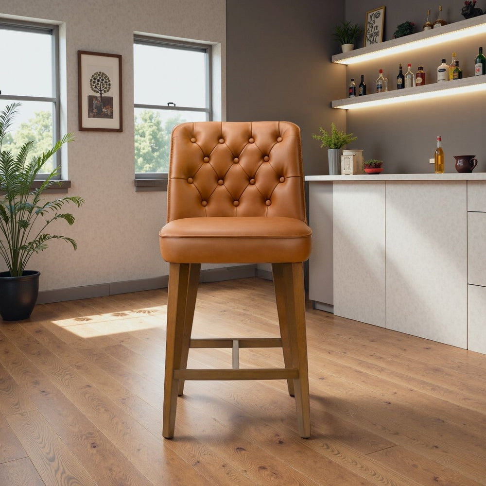 English Elm Peoria Button-tufted Vegan Leather Counter Stool with Walnut Legs for Kitchen Island B183P423279