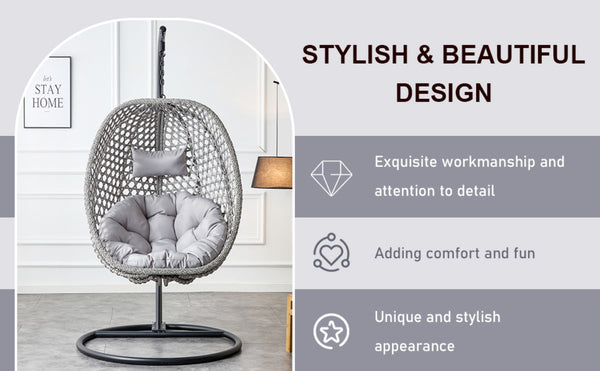 English Elm Egg Swing Chair Woven Rattan Basket Seat with Stand Cushion for Patio Bedroom W1512P498597