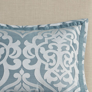 English Elm 8 Piece Jacquard Comforter Set - Luxurious Aqua/Silver Cal King Ensemble For Year-Round Elegance B035128884