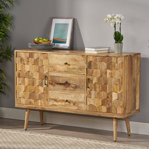 English Elm Christopher Knight Home® - 3 DRAWER SIDEBOARD WITH 2 DOOR Mango Wood Sideboard with 3 Drawers, 3D Tile Weave Doors, Shelves, Natural Finish 66413.00
