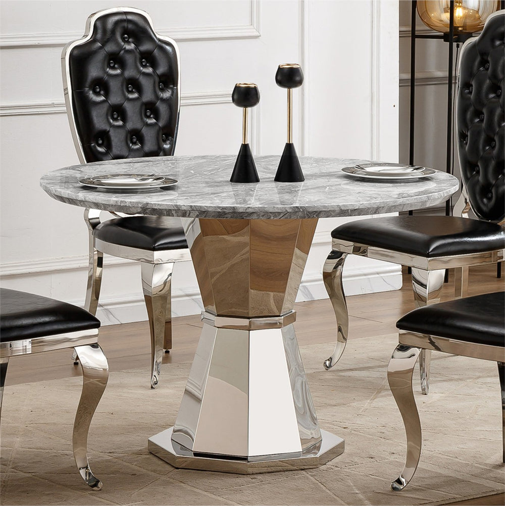 English Elm 47" Round Marble Dining Table - Modern High-Gloss Faux Marble Top & Stainless Steel Base For Elegance W3456S00031