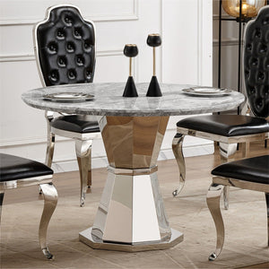 English Elm 47" Round Marble Dining Table - Modern High-Gloss Faux Marble Top & Stainless Steel Base For Elegance W3456S00031