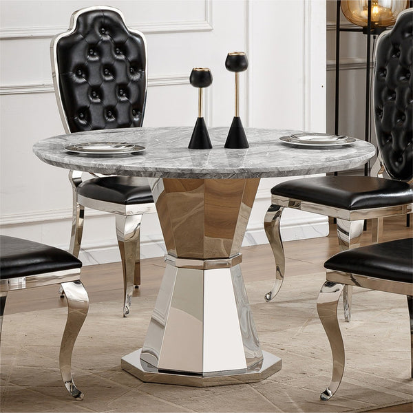 English Elm 47" Round Marble Dining Table - Modern High-Gloss Faux Marble Top & Stainless Steel Base For Elegance W3456S00031