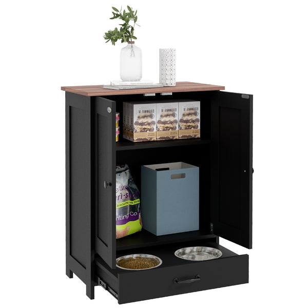 English Elm PawHut Elevated Dog Feeding Station with Hidden Bowls, Storage Cabinet, Adjustable Heights & Hooks Black W2225P200365
