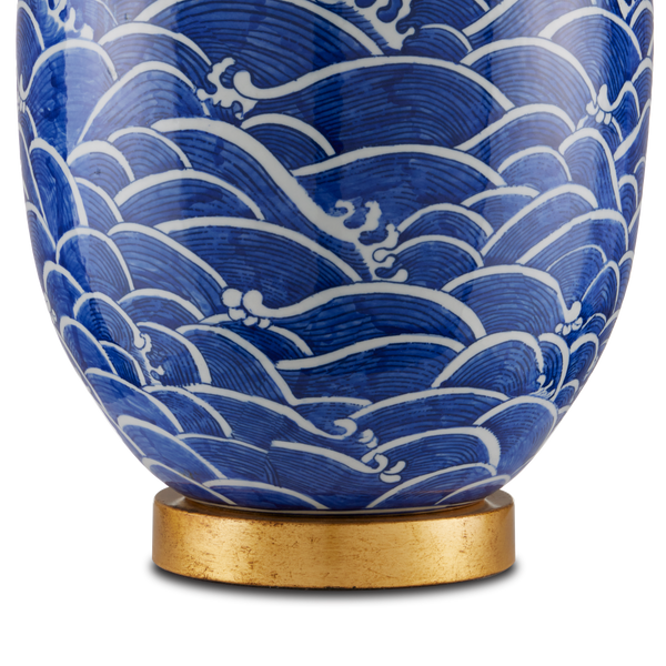 Nami Blue Table Lamp – Handcrafted Porcelain with Gold Leaf Base, Off-White Shade, Artisanal Elegance