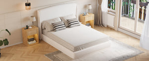 English Elm Upholstered Queen Platform Bed Curved Wingback Linen Headboard Modern Bedroom Frame Beige N733S439498A