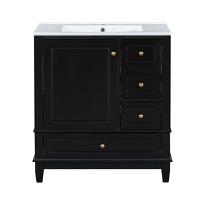 English Elm Christopher Knight Home® - 30" Freestanding Bathroom Vanity with Ceramic Sink, Soft-Close Door, Gold Knobs & 3 Drawers, Durable Painted Finish Black N759P225994B