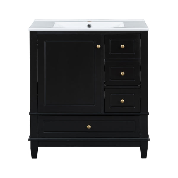 English Elm Christopher Knight Home® - 30" Freestanding Bathroom Vanity with Ceramic Sink, Soft-Close Door, Gold Knobs & 3 Drawers, Durable Painted Finish Black N759P225994B