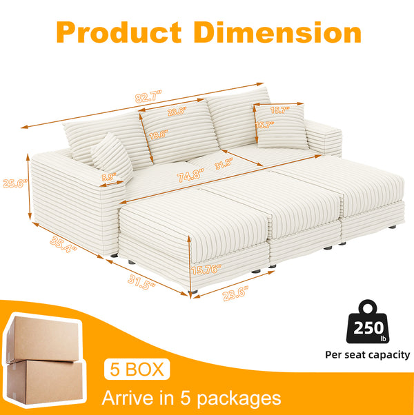 English Elm 82.7" Plush Corduroy 3-Seat Sofa - Cloud-Like Comfort With Versatile Ottomans For Living Spaces W1885S00156
