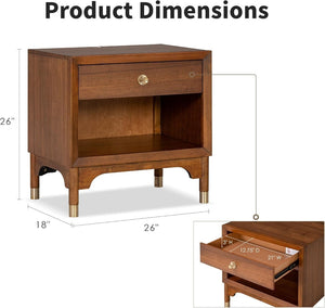 English Elm Mid Century Modern Walnut Nightstand Rubberwood Usb Port Gold Tapered Legs Bedroom B2741P433338
