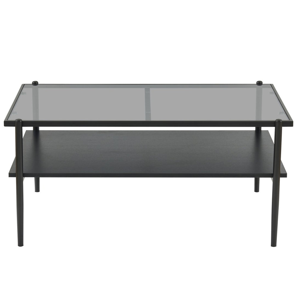 English Elm Rectangle Coffee Table With Sleek Gray Glass Top & Sturdy Black Metal Legs - Modern Living Room Style W241139565-GIGA